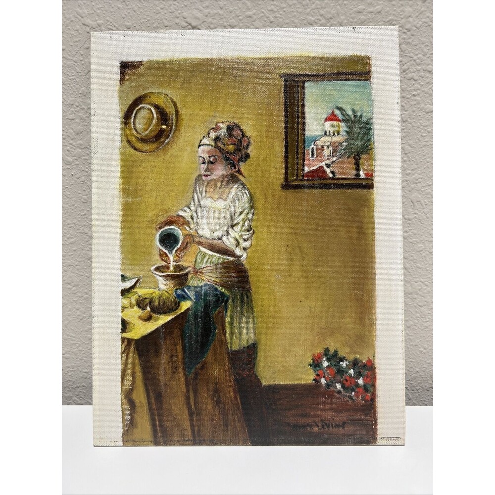 VTG Women Cooking Original Art Painting Oil on Board Artist Signed Max Levine